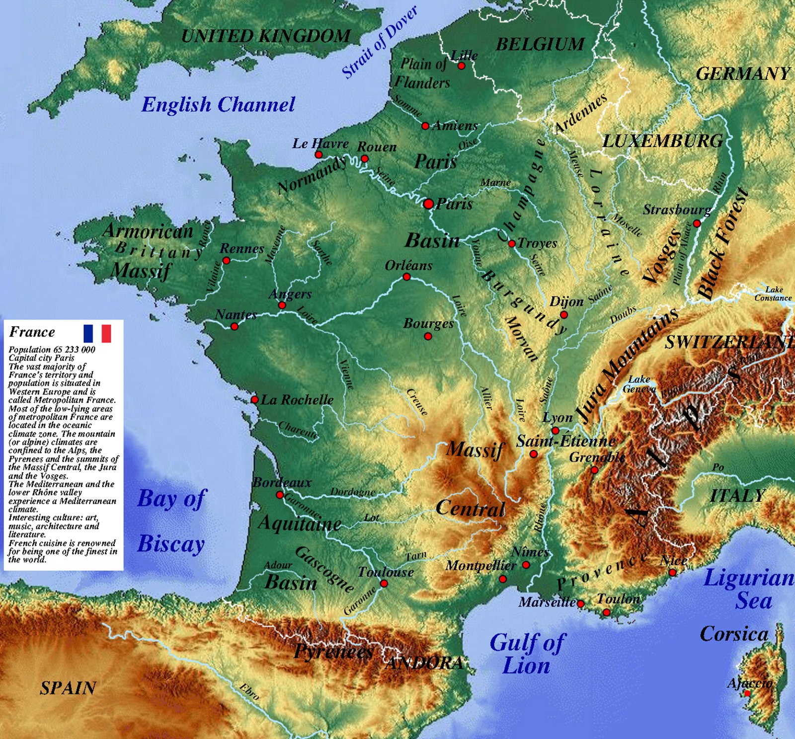 Topographic Relief Map of France