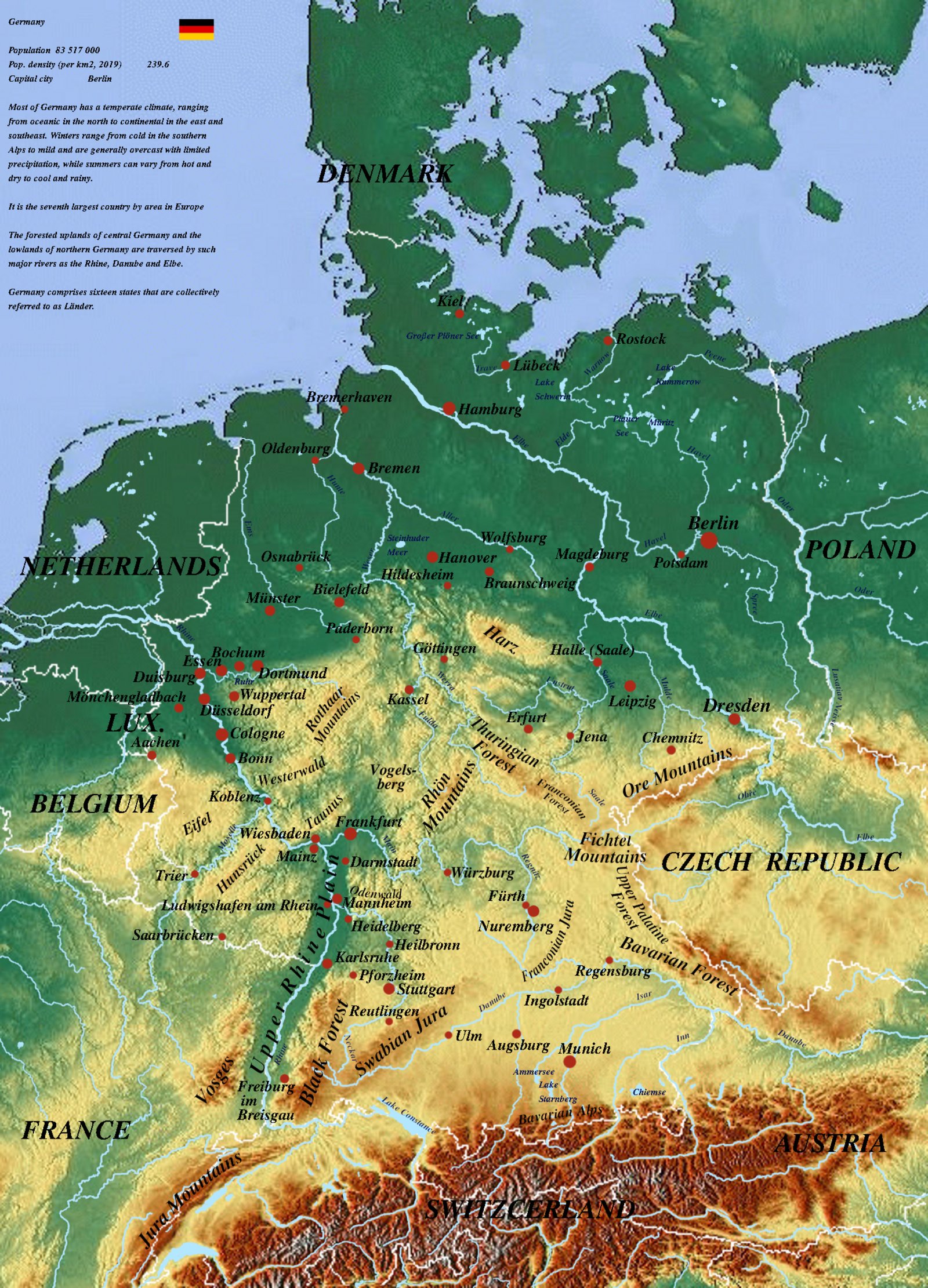 Physical Topography Map of Germany