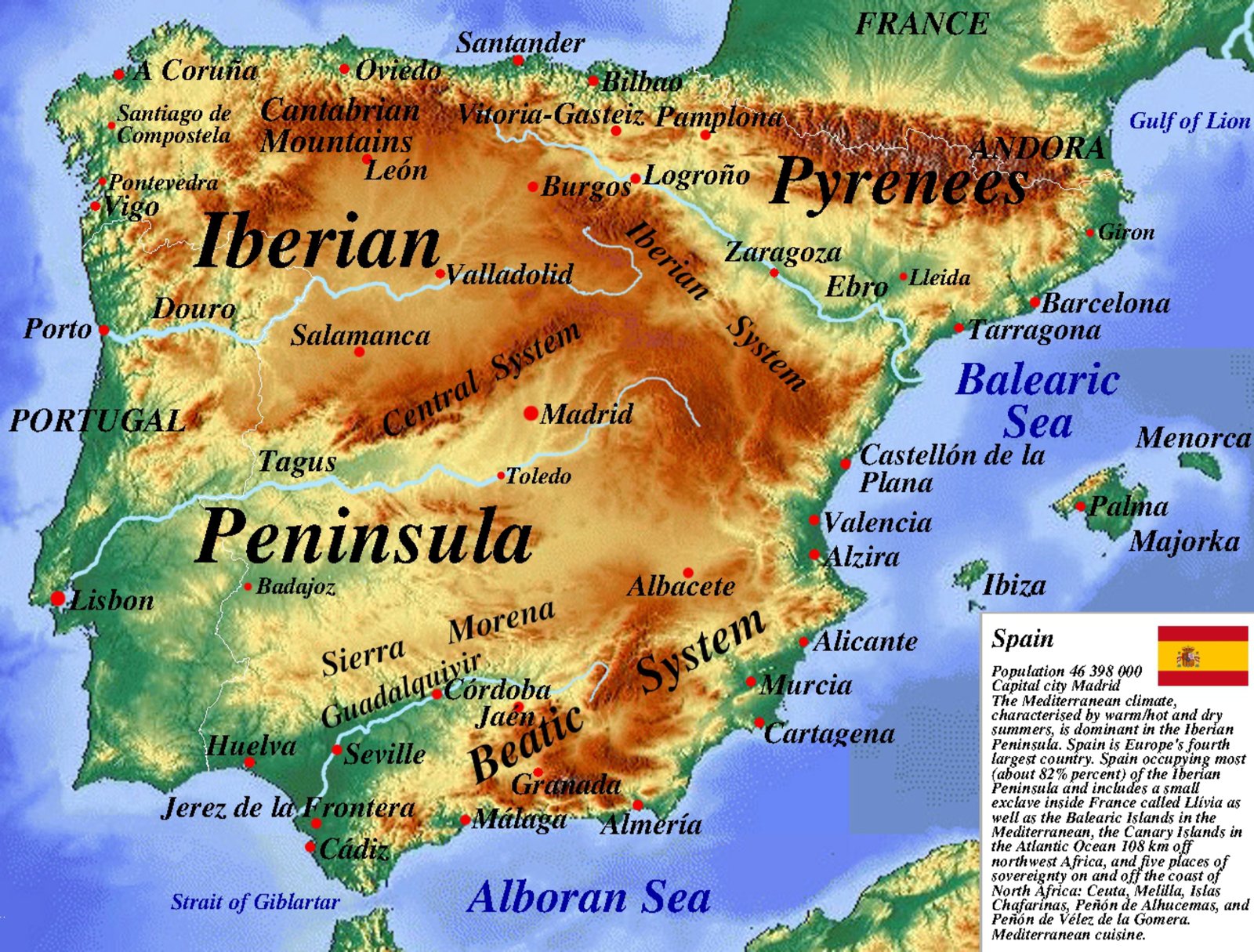 Physical Relief Map of Spain