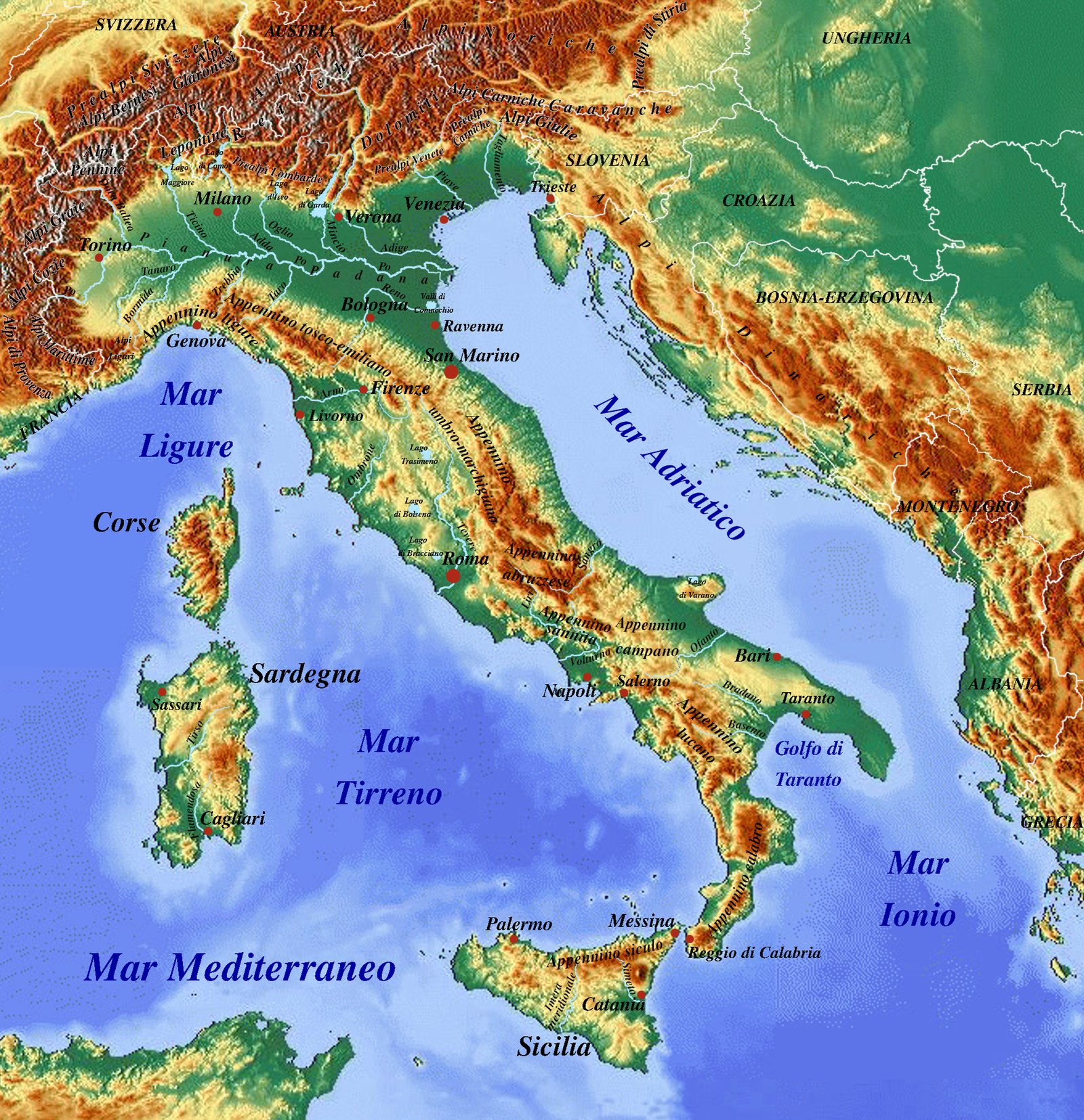 Physical Relief Map of Italy